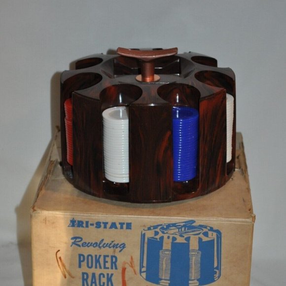 VINTAGE TRI STATE REVOLVING POKER CHIP RACK * PLASTIC POKER ORIGINAL BOX USA
